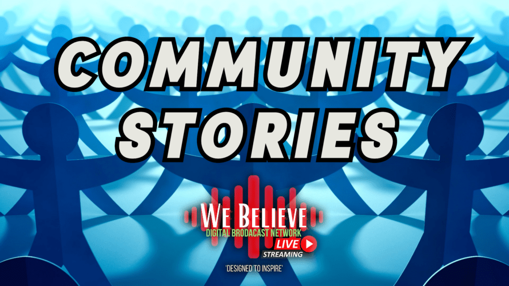 A blue background with the words " community stories ".