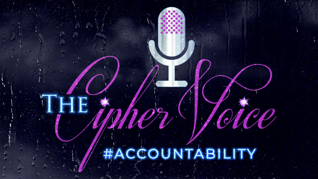 A purple microphone and the words " the cipher voice # accountability ".