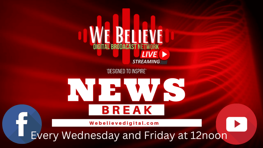 A red and white graphic with the words " news break ".