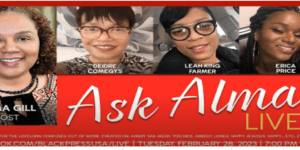 A red banner with two women in glasses.